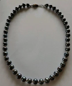 Echte Tahiti Perlenkette Antrazit mit 835 er Silberschlisse u. Keshiperlen!!  - Bild 1 von 10