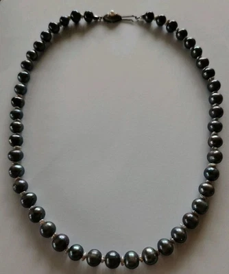 Echte Tahiti Perlenkette Antrazit mit 835 er Silberschlisse u. Keshiperlen!!  - Bild 1 von 4