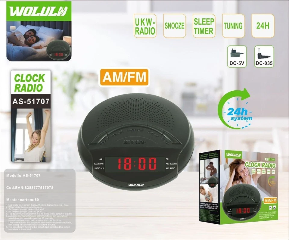 WOLULU AS-51707 Radiosveglia AM/FM con Snooze Timer Sonno Display 24h - Immagine 1 di 1