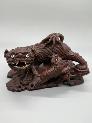 VINTAGE CHINESE FOO DOGS Wooden Wood  LION HAND CARVED Sculpture Signed - Image 1 of 4