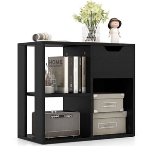 3-Cube Bookcase 2-tier Wooden Storage Shelf with Pull-out Drawer-Black - Color: - Picture 1 of 3