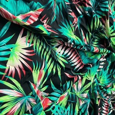 Tela de spandex de nailon con estampado de fondo negro hojas verdes 4 vías elástica Foto 1 de 4