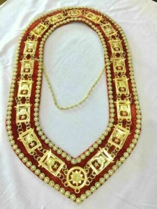 FREIMAURER SCHREINERKETTE HALSBAND GOLD AUF ROTEM SAMT mit Strasssteinen - Bild 1 von 5