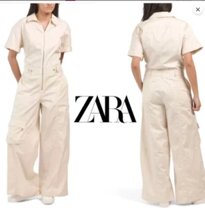 Mono Zara Talla Pequeña Beige Calce Relajado Pierna Ancha Carga Bolsillo Cremallera Frontal - Imagen 1 de 8