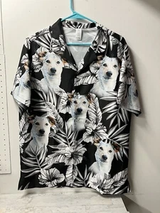 Dog Print Hawaiian Shirt Men’s Size Medium Black And White Dog Lover Floral - Picture 1 of 4