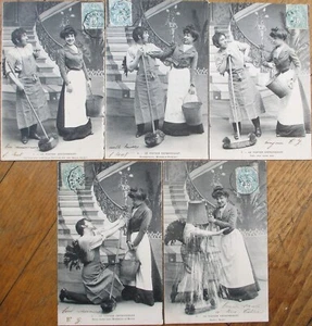French Fantasy 1904 Risque Postcard Set of Five, Maid and Chimney Sweep Flirting - Picture 1 of 1