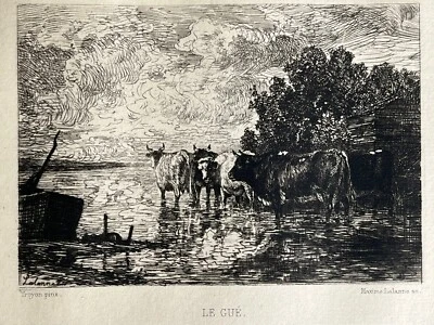 Maxime Lalanne / Troyon Gravure Eau Forte Etching Paysage Le Gué Vaches Taureau - Photo 1/4
