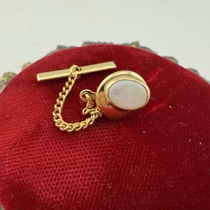 Simmons 14K Gold Opal Tie Tack Lapel Pin w Chain .33g Natural Opal - Picture 1 of 4