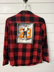 Upcycled Flannel Shirt Boys Medium Iconic Micheal Jordan tee back patch - Picture 1 of 7