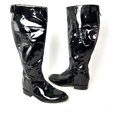 Vintage Never worn CHANEL CC Logo Patent Leather Black Long Flat Boots size 40.5 - Image 1 of 4