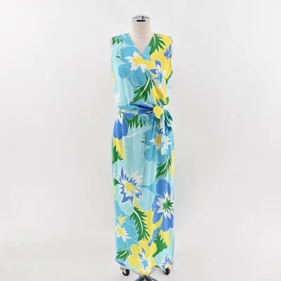 Maxi Vestido De Colección Maggy London Seda Talla 10 Estampado Floral Tropical Azul Sin Mangas Foto 1 de 4