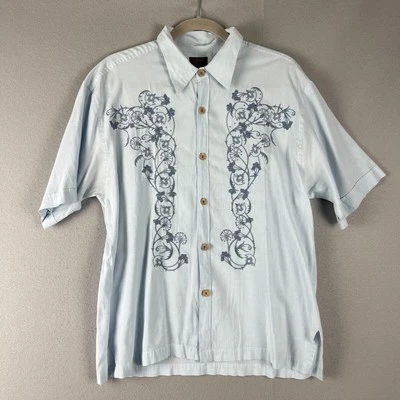 BC Ethic Hawaiian Shirt Men Large Blue Floral Embroidery Aloha Tropical - Image 1 of 4