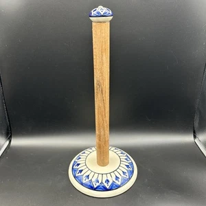 Blue & White Hand painted Ceramic and Wood Paper Towel Freestanding Holder 13" - Picture 1 of 4