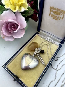 VINTAGE 925 STERLING SILVER HEART PERFUME BOTTLE PENDANT 32" NECKLACE CHATELAINE - Picture 1 of 16