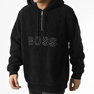 HUGO BOSS Zetedy 50462543 Black Hooded Zip Neck Fleece Sweatshirt NEW Size 2XL - Picture 1 of 4