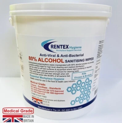 RENTEX Antibacterial Surface Cleaning Wet Wipes Alcohol Sanitiser Disinfectant 500 Tub