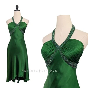 Vintage Cache Prom Dress Midi Gown 2 Green Silk Fairy Y2K Glam Bead Satin Halter - Picture 1 of 14