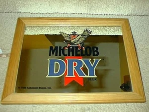 Vintage 1990 MICHELOB DRY BEER MIRROR 13" x 10" Bar Sign Wooden Frame Mint Cond - Picture 1 of 3
