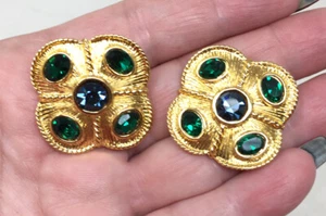 Pendientes Bizantinos Napier De Colección Verde Esmeralda Mate Chapado en Oro Clips Firmados - Imagen 1 de 8