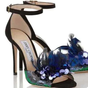 Jimmy Choo Annie 100 Sandalia Pump Negra Detalles Pluma Avestruz y Lentejuelas EU39 - Imagen 1 de 10