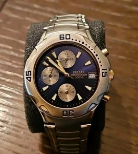 Pulsar by Seiko Chronograph Herren Stahl blaues Zifferblatt gold Einsätze 100M Uhr - Bild 1 von 12