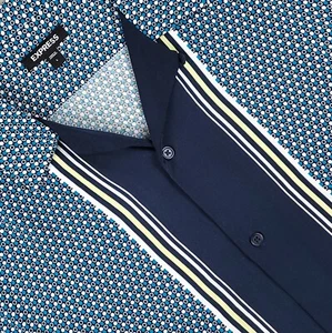 Express Shirt Mens Large Blue Rayon Geometric Retro Bowling Loop Collar Resort - Picture 1 of 13