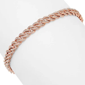 Womens 1.20 CT 14K Rose Gold Natural Round Diamond Pave Cuban Chain Bracelet - Picture 1 of 3