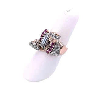 14K Rose And White Gold Retro Diamond With Rubies Ring - Picture 1 of 9