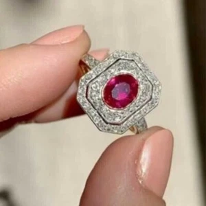 Art Deco Style 2Ct Oval Cut Lab-Created Ruby Diamond Ring 14k Yellow Gold Plated - Picture 1 of 4