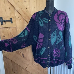 Vintage 80s Mohair Cardigan Essence By Burton Floral Purple Navy Green Sz 10-16 - Picture 1 of 12