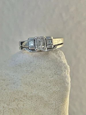 1/2ct Emerald Cut 3 Diamond 14K White Gold Engagement Ring Wedding Band Size 7.5 - Image 1 of 4