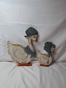 Lot Of 2 Vintage Folk Art Hand-Painted Wooden Mother Goose Shelf Sitter Pair Set - Picture 1 of 15