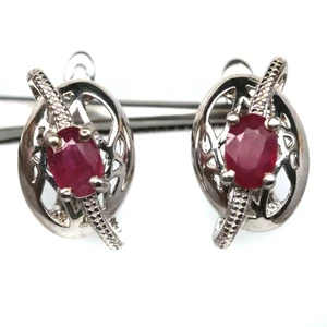 925 Sterling Silver White Gold Plated 4 x 6 mm. Pink Ruby Earrings - Picture 1 of 4