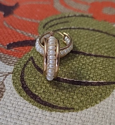 Estate 14k.Yellow Gold Freshwater Pearl Hoop Earrings 1" - Image 1 of 4