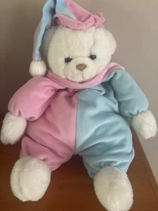 Oso de peluche blanco vintage bebé rosa azul sombrero juguete de prestigio 1988 - Imagen 1 de 6