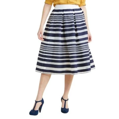 ModCloth Soirée Navy White Stripe Nautical A-Line Twirl Full Swing Midi Skirt M - Image 1 of 4