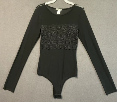 Soho Apparel Bodysuit Womens Small Black Long Sleeve Lace Floral Sheer Stretchy - Image 1 of 4