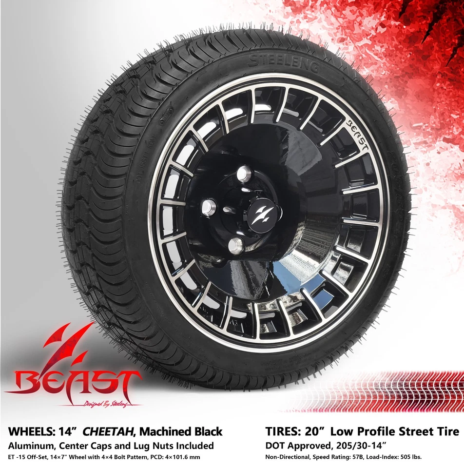 GOLF CART 14" BLACK CHEETAH WHEELS and 205/30-14 DOT LOW PROFILE TIRES x4 Foto 1 de 4
