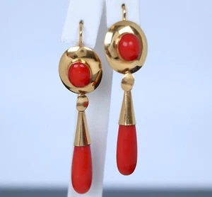 $3,150 Vintage Estate 18K Yellow Gold Red Cabochon Coral Dangle Drop Earrings - Picture 1 of 7