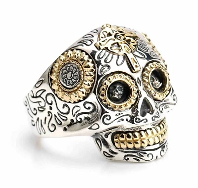 Anello Teschio Argento 925 Massiccio Messicano Oro Uomo Donna Unisex Skull Croce - Immagine 1 di 4
