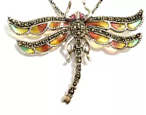 Sterling Silver Plique a Jour Art Deco Ruby Dragonfly Big Brooch Pendant & Chain - Picture 1 of 1