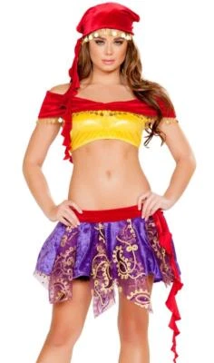 Fortune Teller Costume Gypsy Crop Top Skirt Head Scarf Coin Trim 4745 Medium - Image 1 of 4