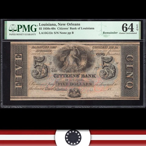 1850-1860's $5 Citizens Bank of Louisiana, NEW ORLEANS, LA PMG 64 EPQ 074-022-FZ Cover