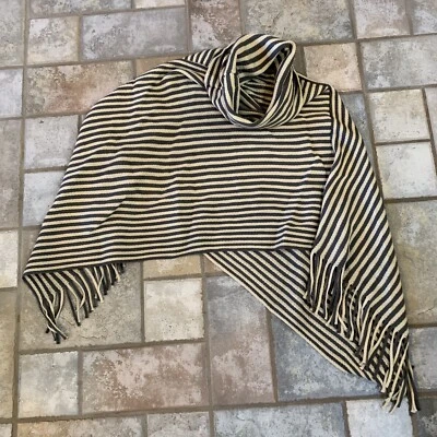 Sweater Shawl Size OS Blue Cream Stripe Turtleneck Poncho Coat Jacket Fringe - Image 1 of 4