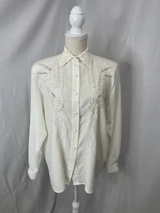 Vintage Harbor Vue formal beaded sequin button down blouse Floral Size 12 Ivory - Picture 1 of 12