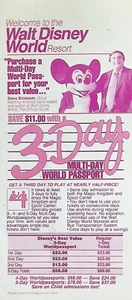 Walt Disney World 1986 3-Day Multi-Day Passport Ticket Pricing Brochure - Picture 1 of 3