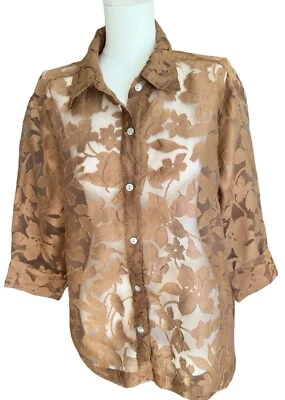 Mirasol Brown Collared 3/4-Sleeve Button Up Sheer Floral Blouse Women's M - Image 1 of 4
