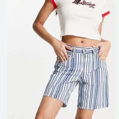 Pantalones cortos holgados Levi's Silver Tab para mujer tiro medio azul blanco rayas W23 nuevos con etiquetas Foto 1 de 4