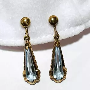 OPALITE Earrings 12K GF LIGHT BLUE 1" Tear Drop Screw Back SIGNED - Picture 1 of 5