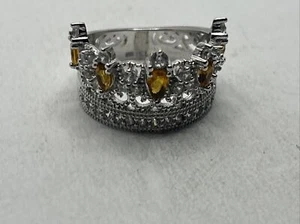 Orange Stone Marquis Stones Crown .925 Sterling Silver Ring Size 8 - Picture 1 of 6